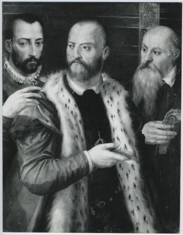Anonimo — Anonimo fiorentino - sec. XVI - Ritratto di Cosimo I de' Medici fra il figlio Francesco e un dignitario — insieme